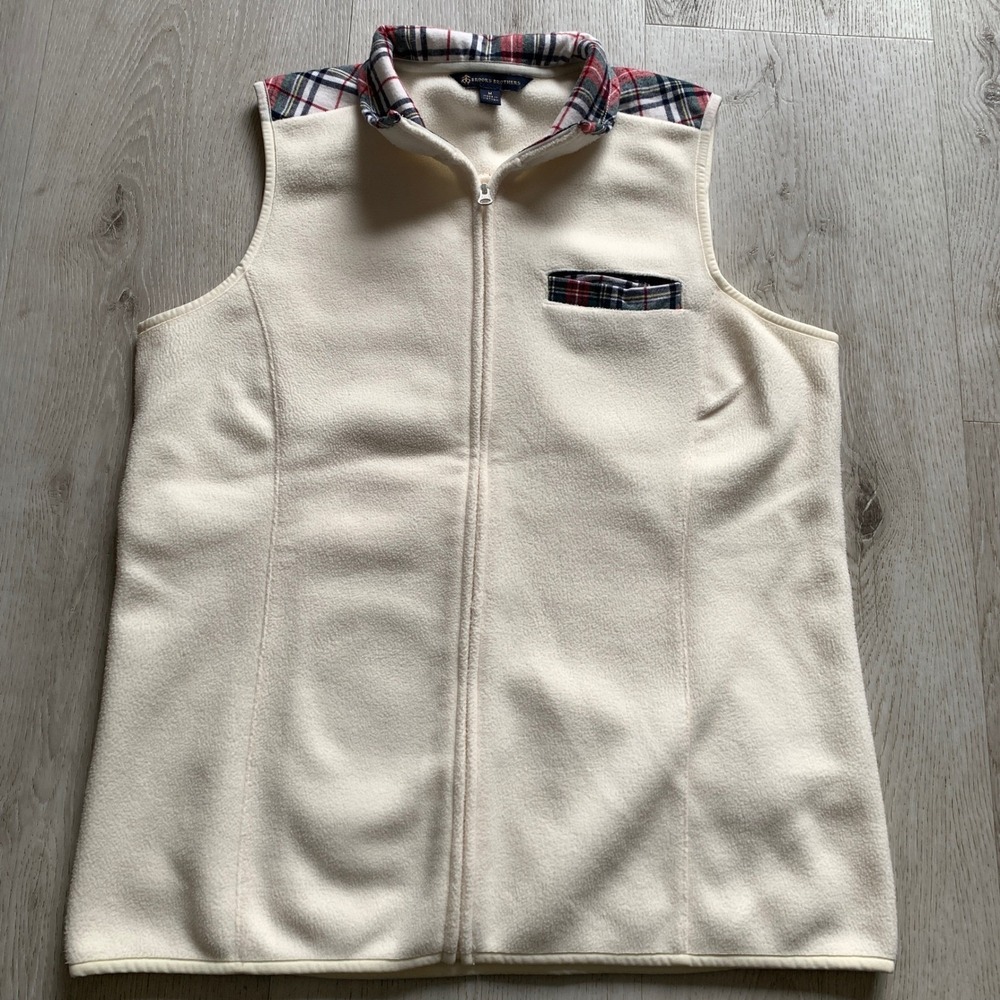 Brooks Brothers Women's Ivory Fleece Vest W/ Plaid Trim Full Zip‎ Pockets M